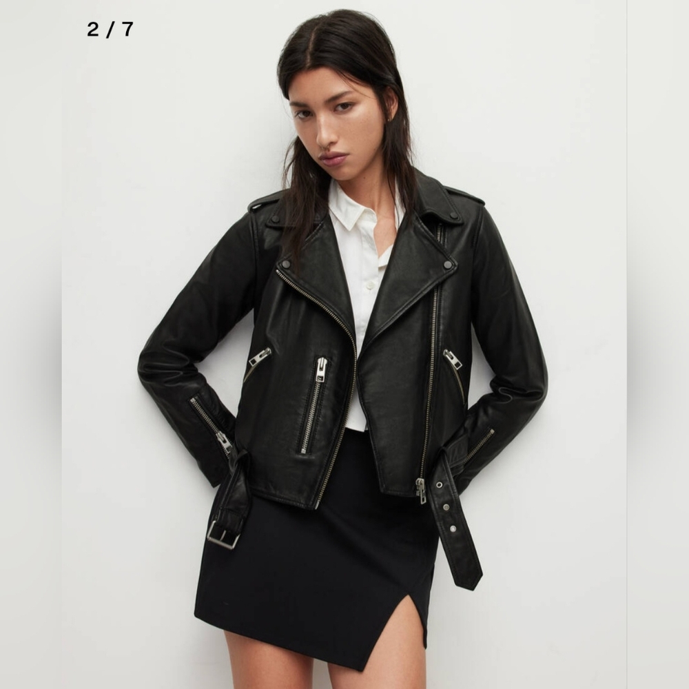 AllSaints Balfern Black Leather Biker Jacket Moto Style Size US 2